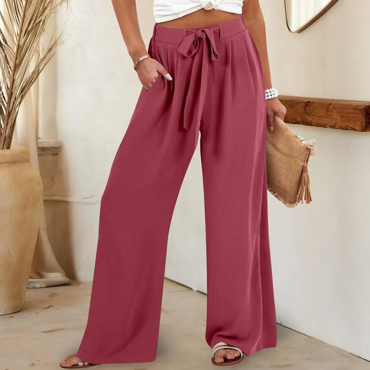 Cotton Linen Pants for Womens High Waist Drawstring Wide Leg Trousers Flowy Lightweight Loose Fit Travel Palazzo Pant