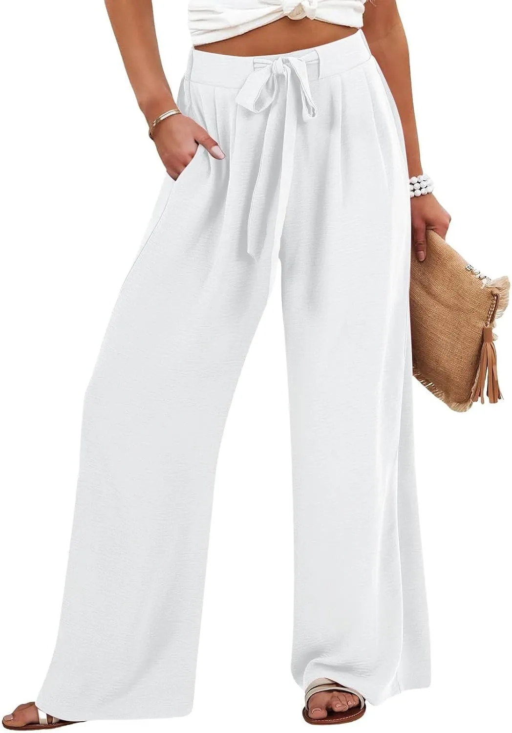 Cotton Linen Pants for Womens High Waist Drawstring Wide Leg Trousers Flowy Lightweight Loose Fit Travel Palazzo Pant