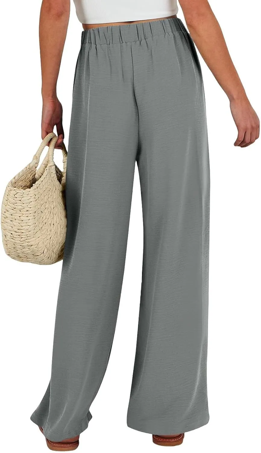 Cotton Linen Pants for Womens High Waist Drawstring Wide Leg Trousers Flowy Lightweight Loose Fit Travel Palazzo Pant
