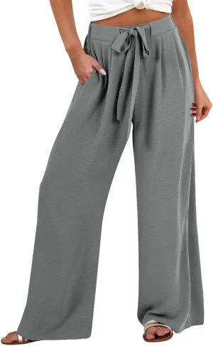 Cotton Linen Pants for Womens High Waist Drawstring Wide Leg Trousers Flowy Lightweight Loose Fit Travel Palazzo Pant