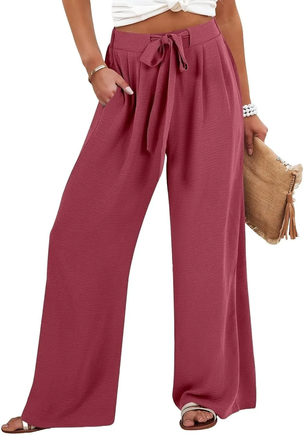 Cotton Linen Pants for Womens High Waist Drawstring Wide Leg Trousers Flowy Lightweight Loose Fit Travel Palazzo Pant