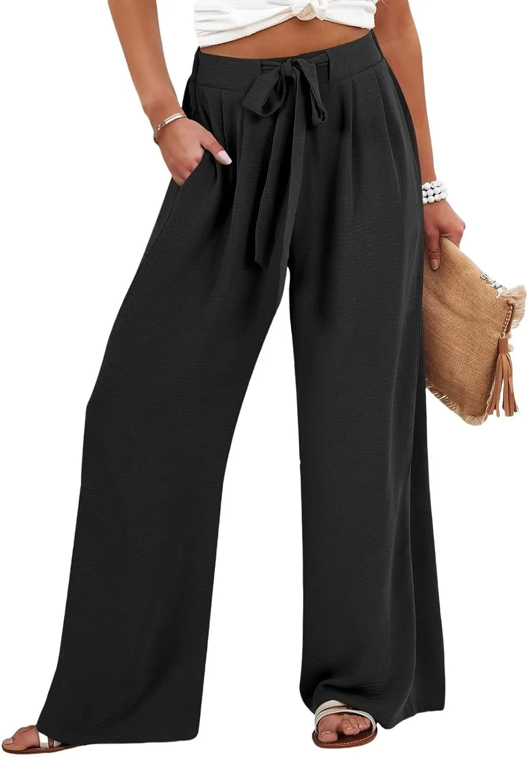 Cotton Linen Pants for Womens High Waist Drawstring Wide Leg Trousers Flowy Lightweight Loose Fit Travel Palazzo Pant
