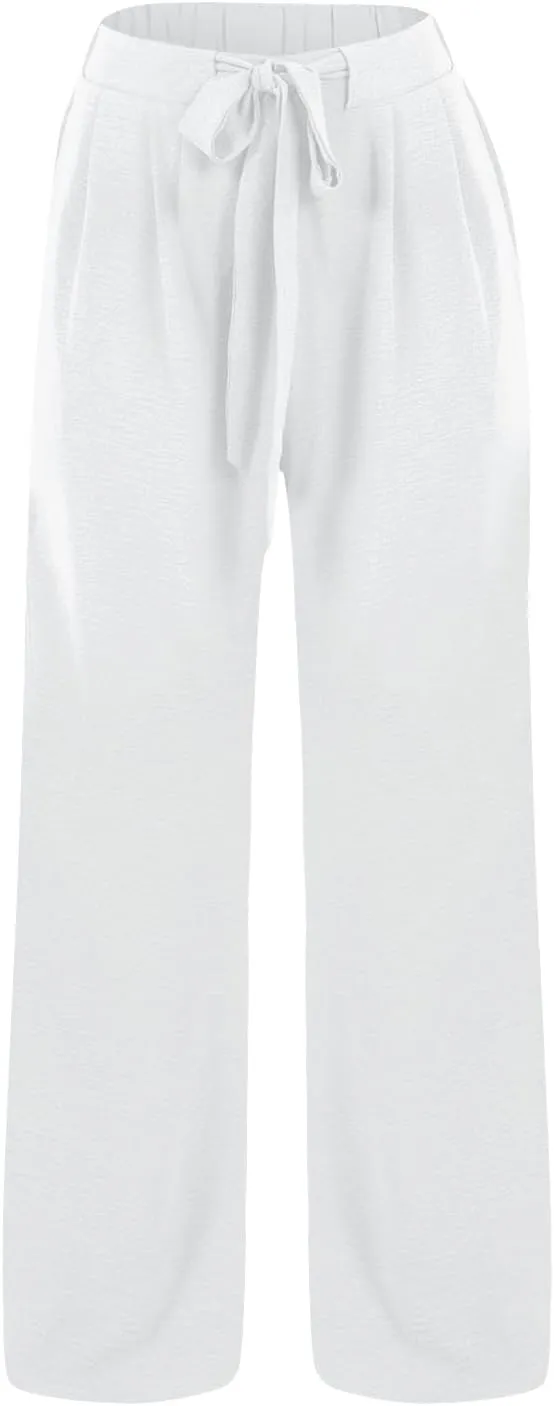 Cotton Linen Pants for Womens High Waist Drawstring Wide Leg Trousers Flowy Lightweight Loose Fit Travel Palazzo Pant
