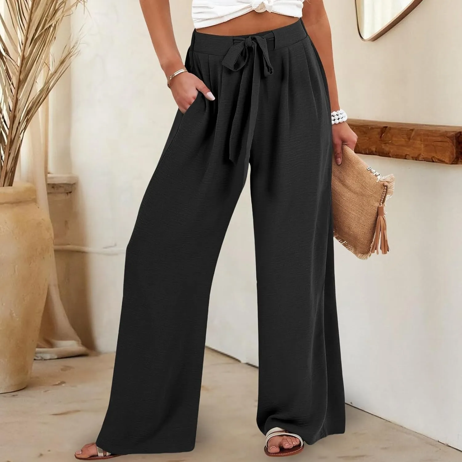 Cotton Linen Pants for Womens High Waist Drawstring Wide Leg Trousers Flowy Lightweight Loose Fit Travel Palazzo Pant