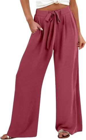Cotton Linen Pants for Womens High Waist Drawstring Wide Leg Trousers Flowy Lightweight Loose Fit Travel Palazzo Pant