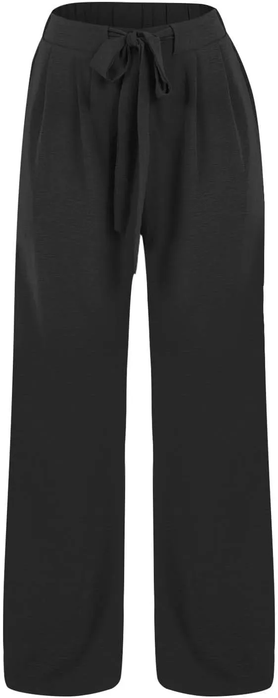 Cotton Linen Pants for Womens High Waist Drawstring Wide Leg Trousers Flowy Lightweight Loose Fit Travel Palazzo Pant