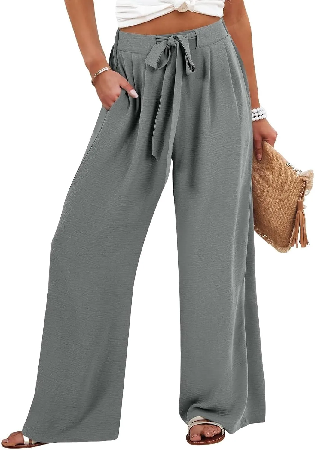 Cotton Linen Pants for Womens High Waist Drawstring Wide Leg Trousers Flowy Lightweight Loose Fit Travel Palazzo Pant
