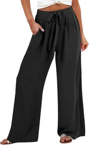 Cotton Linen Pants for Womens High Waist Drawstring Wide Leg Trousers Flowy Lightweight Loose Fit Travel Palazzo Pant