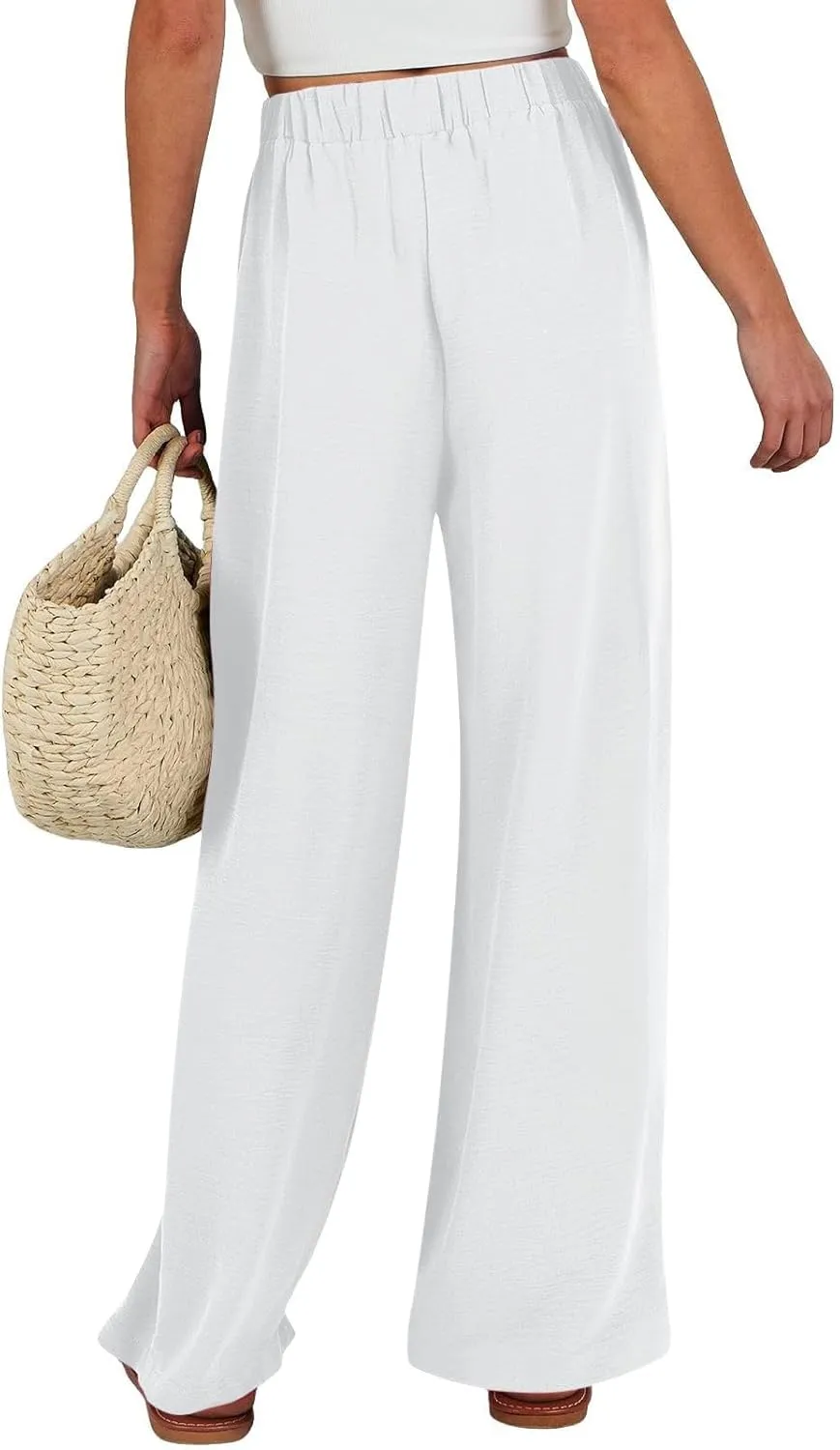 Cotton Linen Pants for Womens High Waist Drawstring Wide Leg Trousers Flowy Lightweight Loose Fit Travel Palazzo Pant
