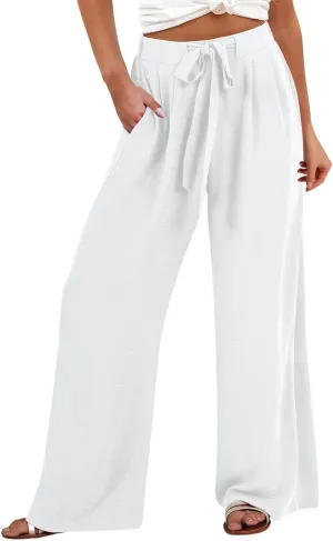 Cotton Linen Pants for Womens High Waist Drawstring Wide Leg Trousers Flowy Lightweight Loose Fit Travel Palazzo Pant