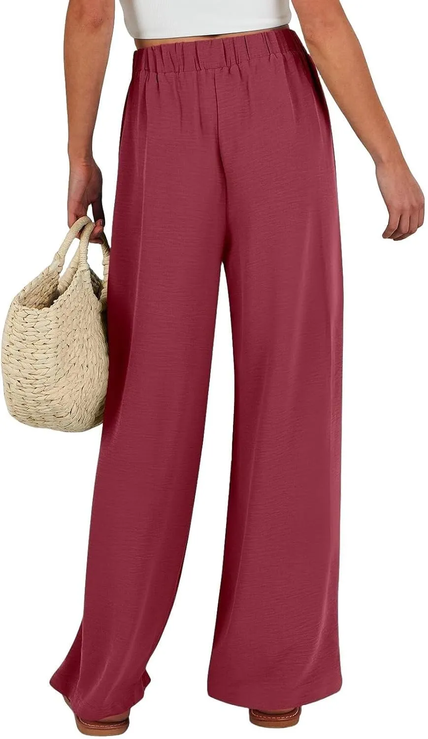 Cotton Linen Pants for Womens High Waist Drawstring Wide Leg Trousers Flowy Lightweight Loose Fit Travel Palazzo Pant