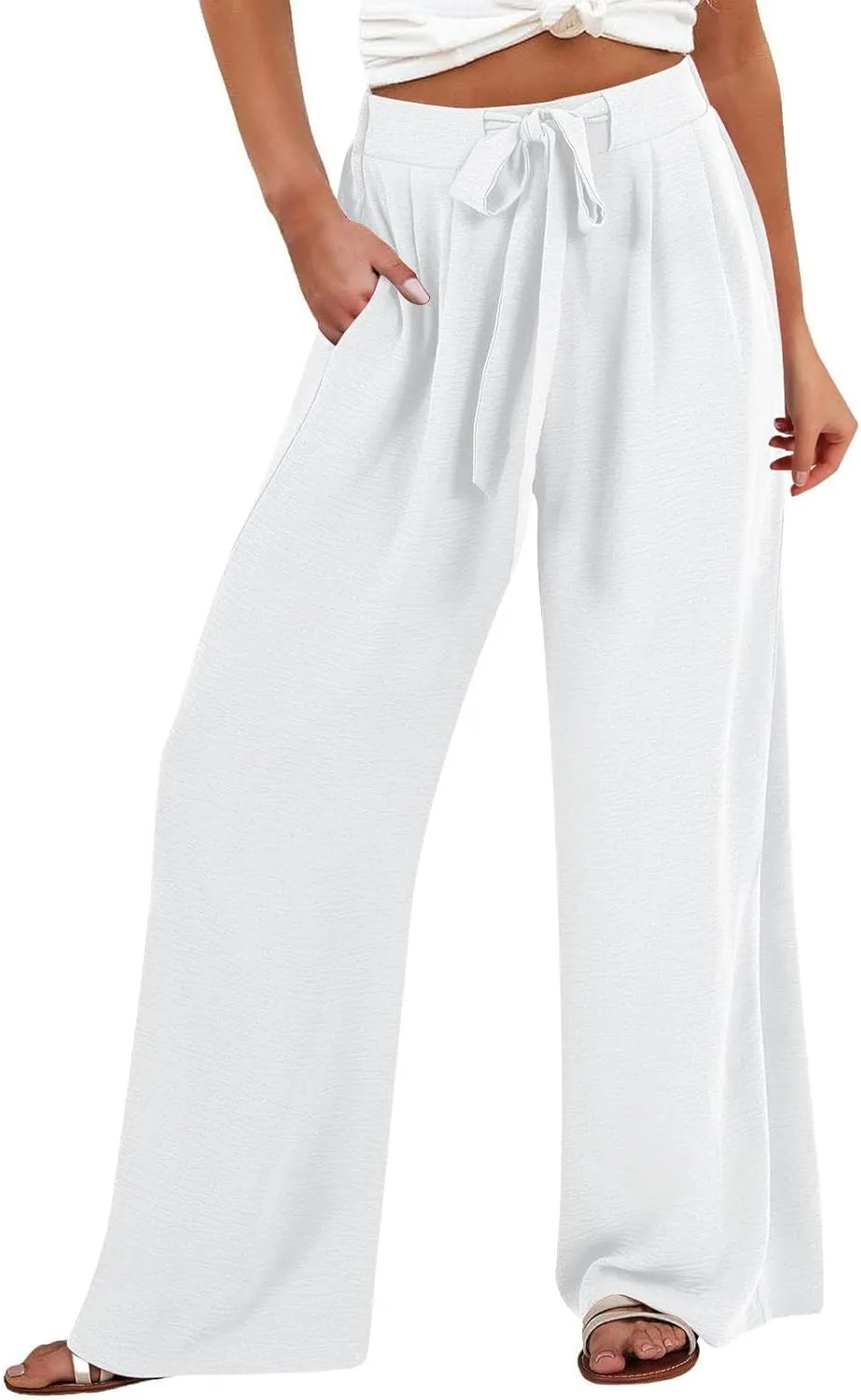 Cotton Linen Pants for Womens High Waist Drawstring Wide Leg Trousers Flowy Lightweight Loose Fit Travel Palazzo Pant