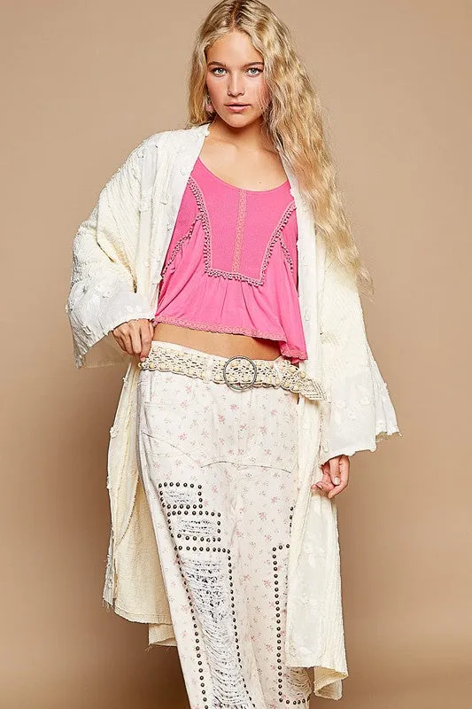 Cream Color Flower Lace Trim Open Front Longline Cardigan