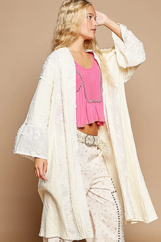 Cream Color Flower Lace Trim Open Front Longline Cardigan