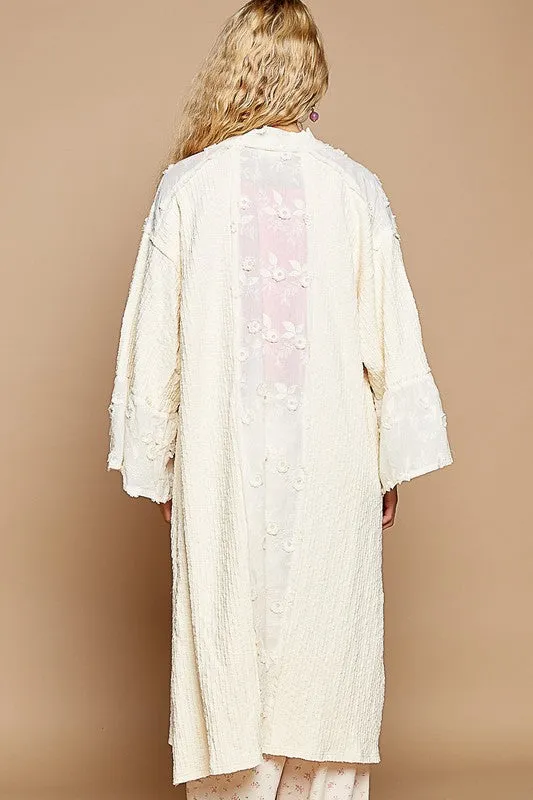 Cream Color Flower Lace Trim Open Front Longline Cardigan