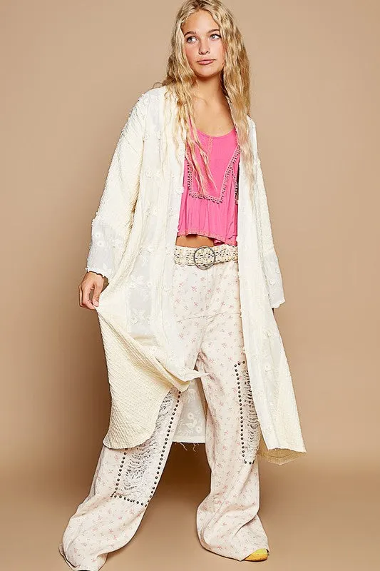 Cream Color Flower Lace Trim Open Front Longline Cardigan