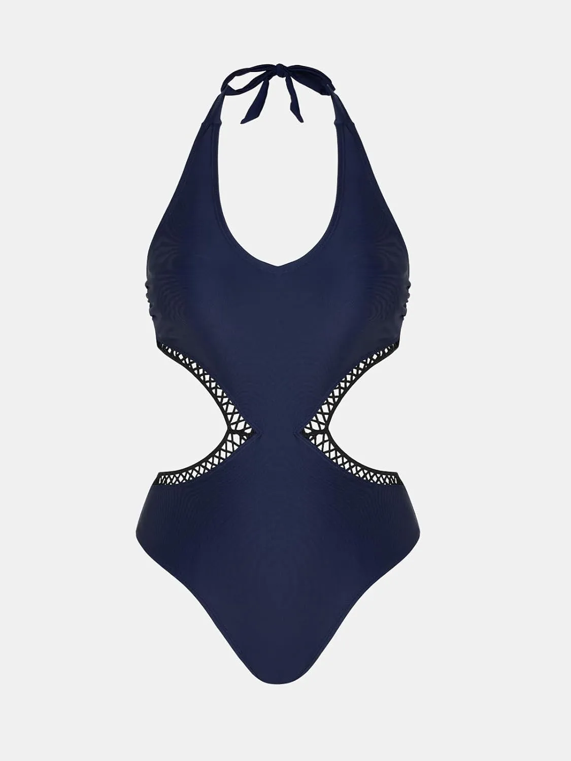 CUPSHE Women's One Piece Swimsuit Halter V Neck Side Cutout Monokini Bathing Suit Trapezoidal Lace Trim