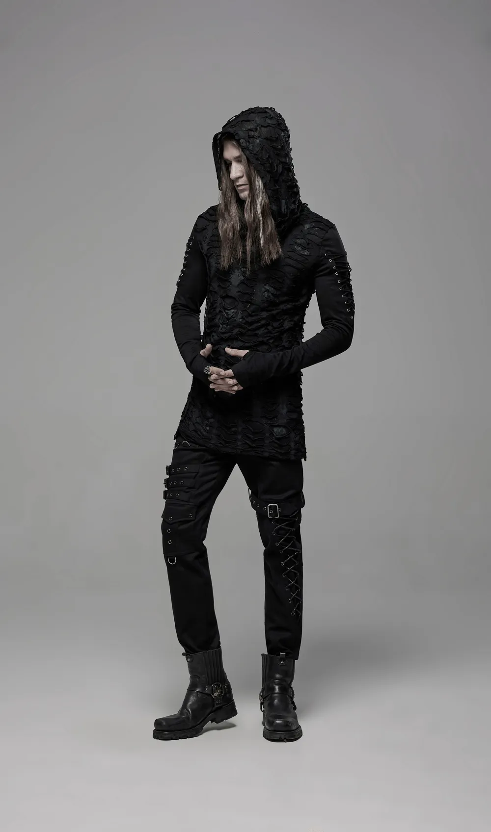 Dark Mysterious Long Sleeves Ripped Hoodie With Lace Up