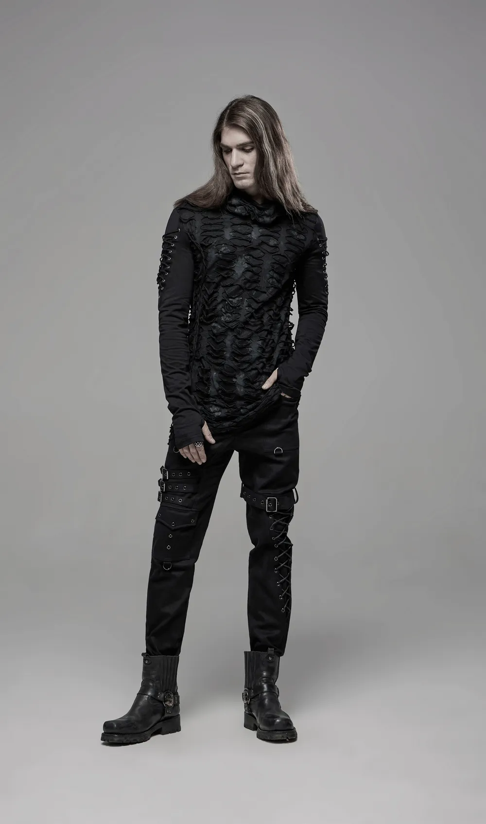 Dark Mysterious Long Sleeves Ripped Hoodie With Lace Up