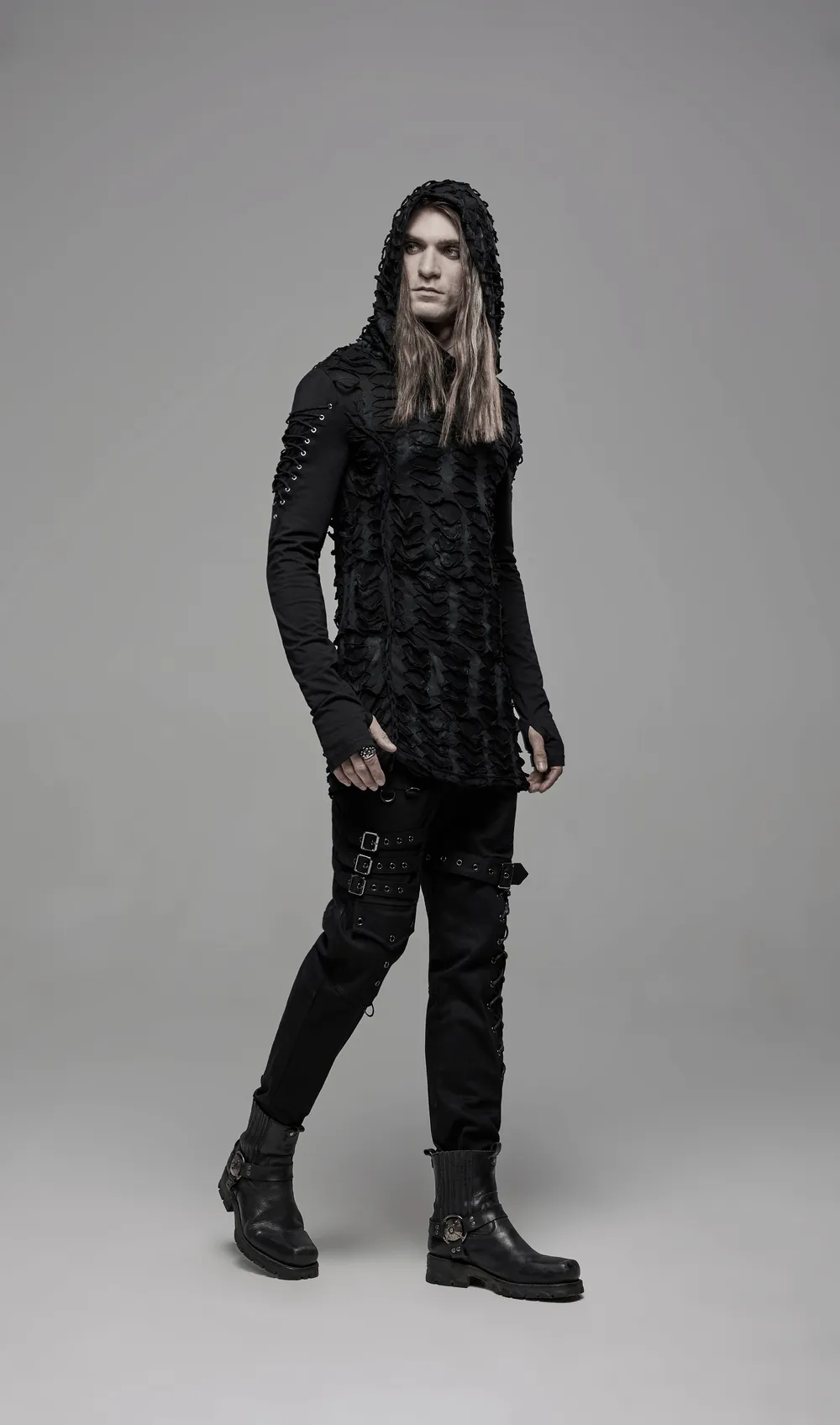 Dark Mysterious Long Sleeves Ripped Hoodie With Lace Up