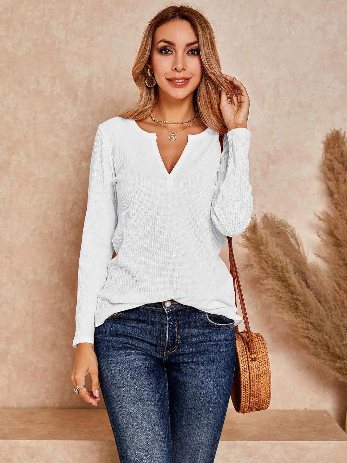 Dellytop Womens V Neck Waffle Knit Shirts Long Sleeve Loose Fitting Warm Tee Tops Sweaters Pullovers