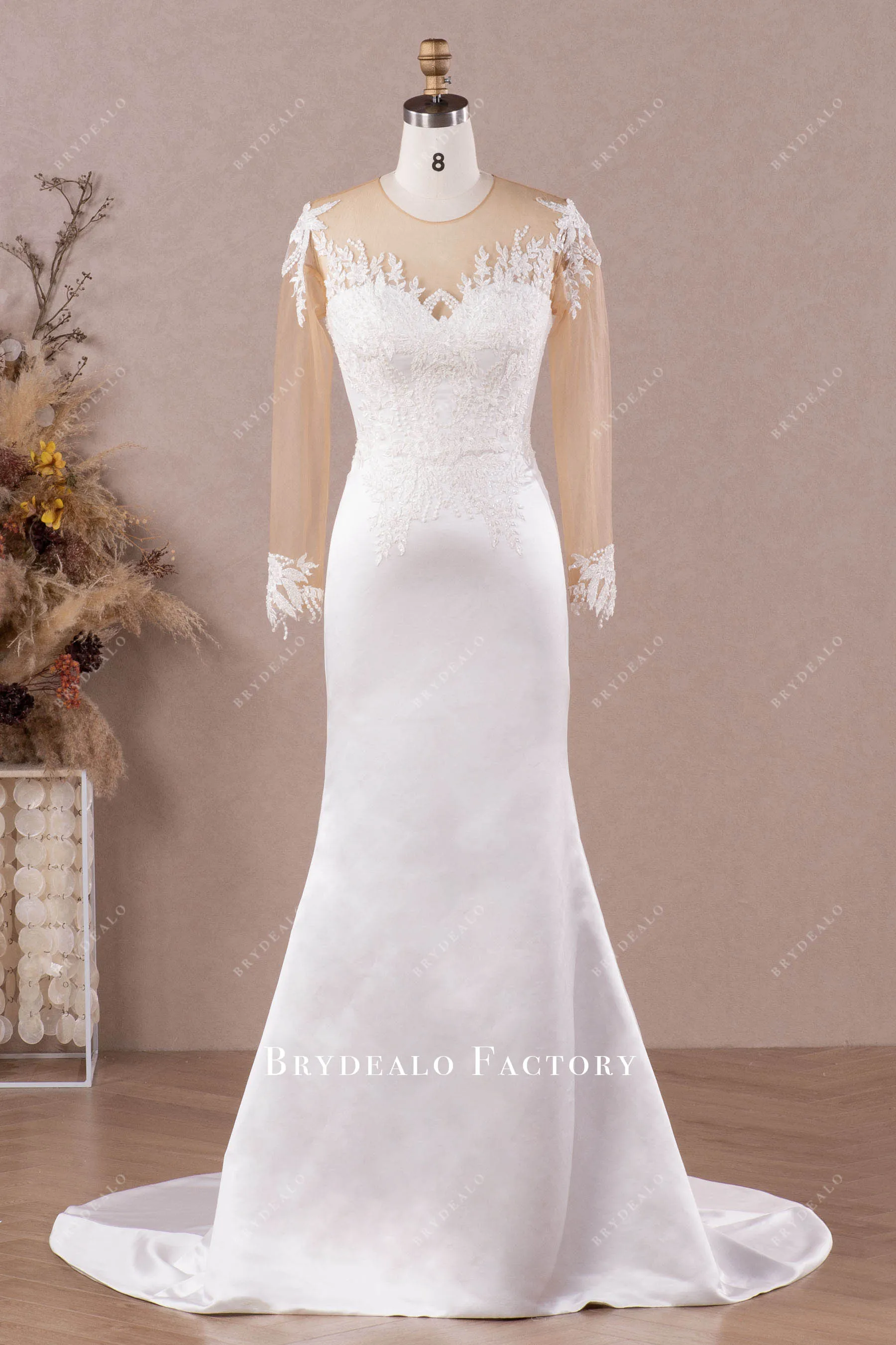 Designer Lace Long Sleeve Satin Mermaid Wedding Dress with Overskirt