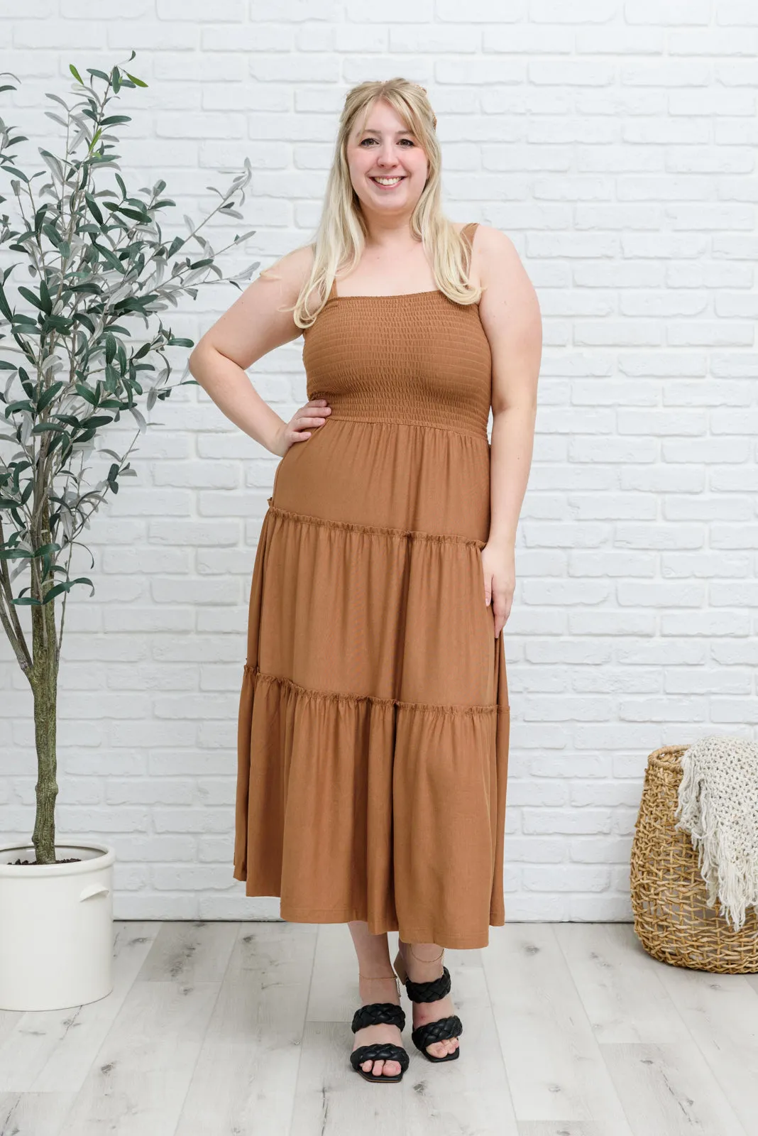 Devon Tiered Midi Dress in Camel