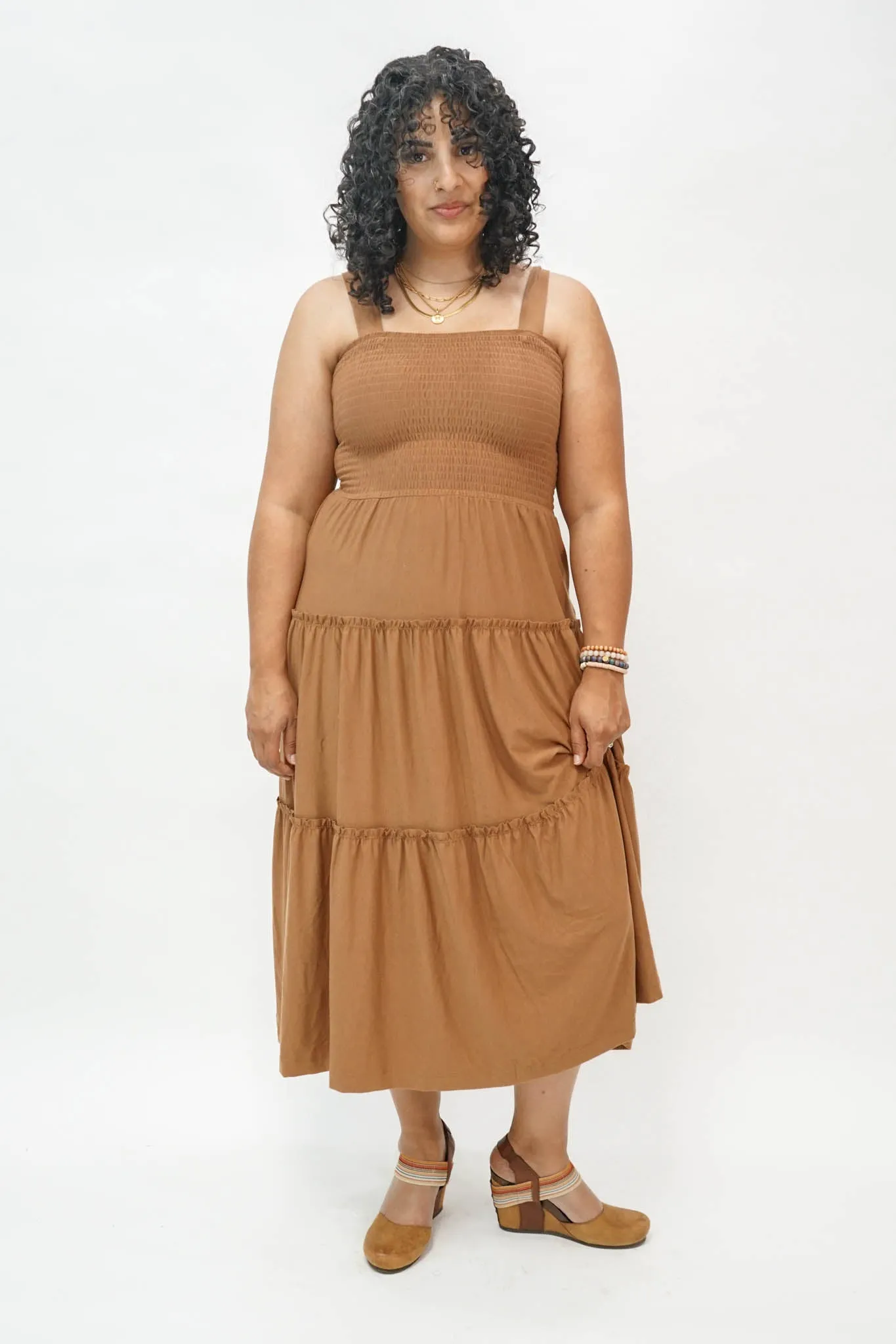 Devon Tiered Midi Dress in Camel