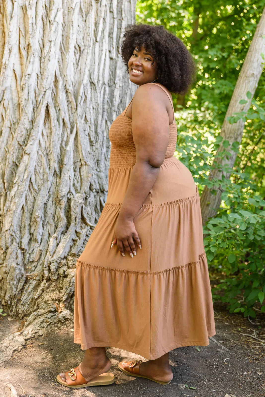 Devon Tiered Midi Dress in Camel