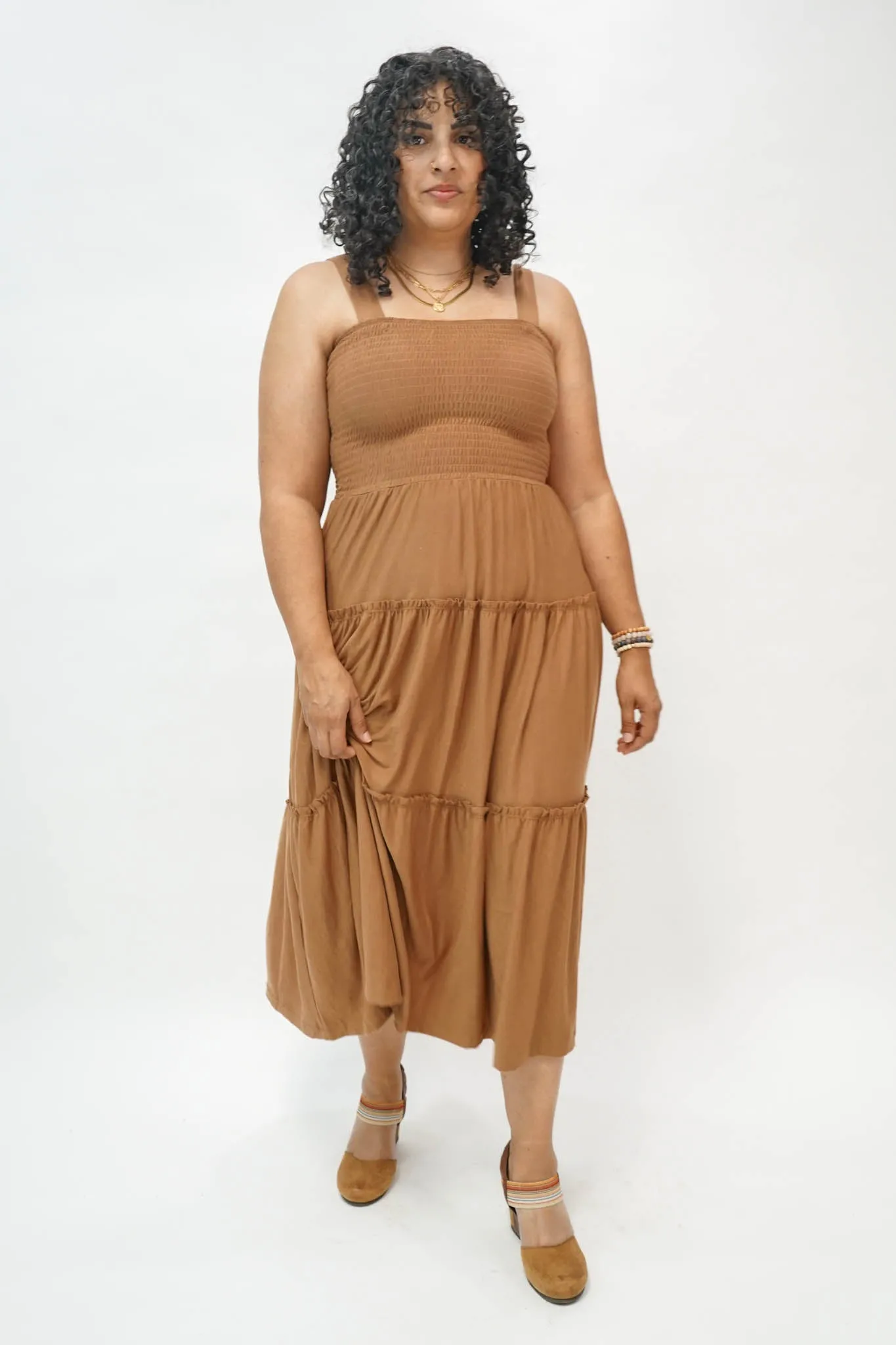 Devon Tiered Midi Dress in Camel