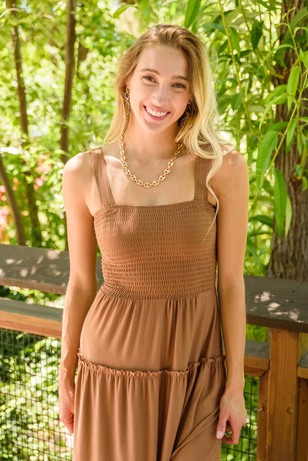 Devon Tiered Midi Dress in Camel