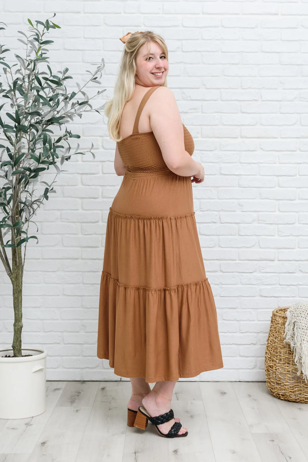 Devon Tiered Midi Dress in Camel