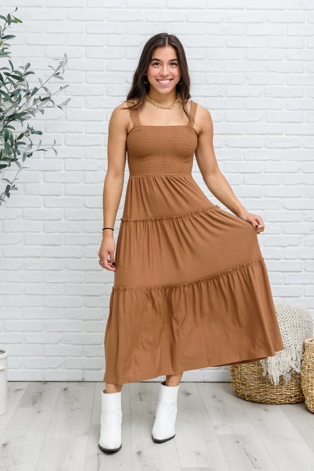 Devon Tiered Midi Dress in Camel