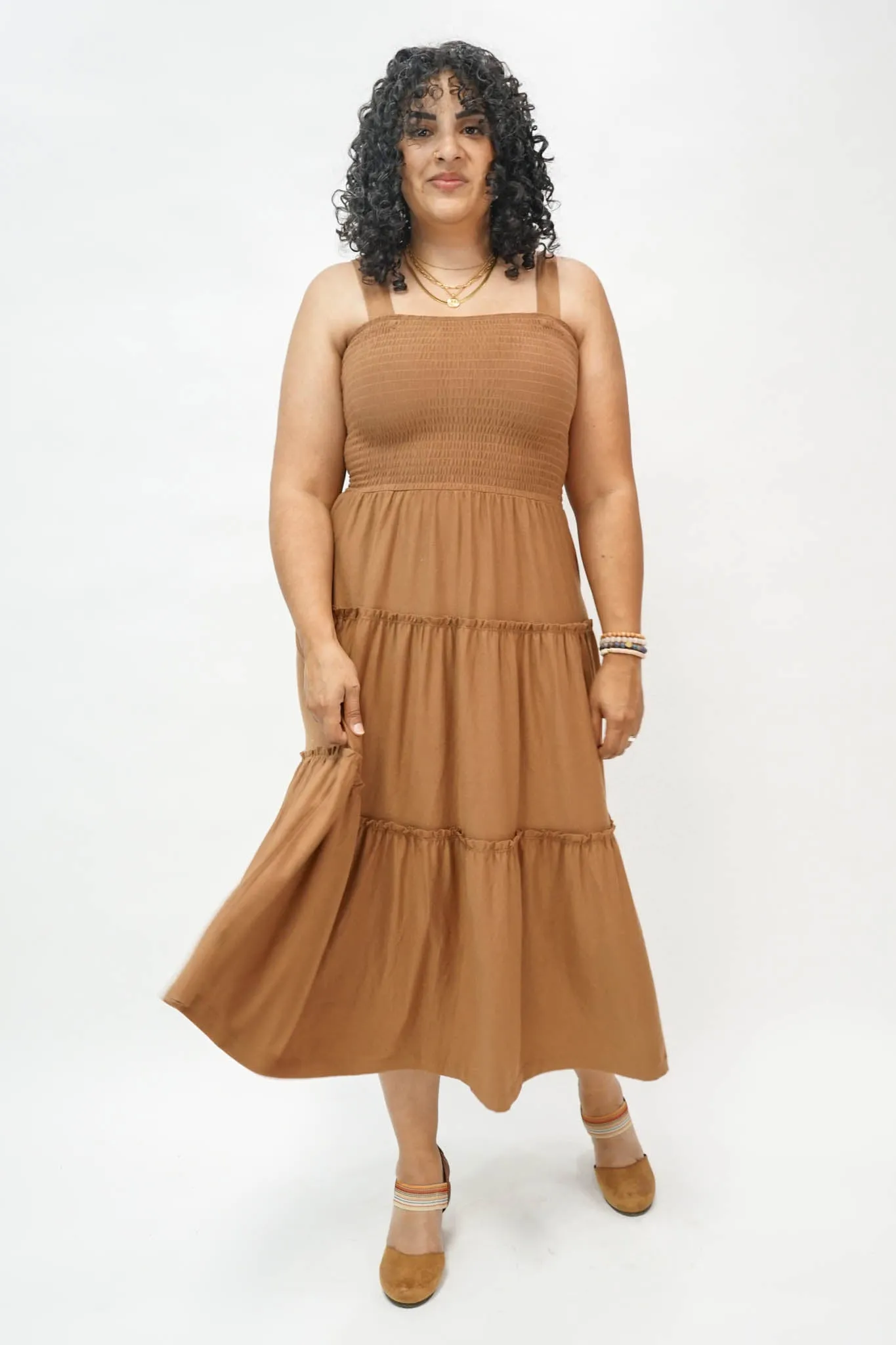 Devon Tiered Midi Dress in Camel