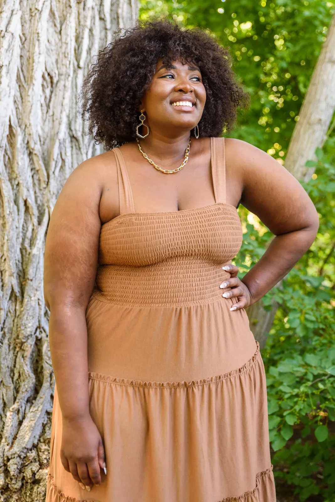 Devon Tiered Midi Dress in Camel