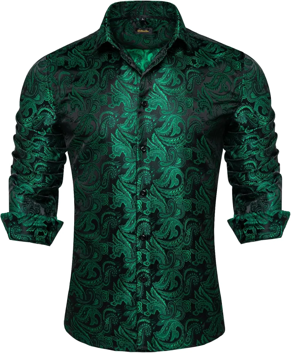 DiBanGu Silk Paisley Dress Shirts for Men Long Sleeve Button Down Shirt Casual Regular Fit Mens Shirts Wedding Party