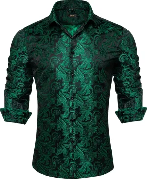 DiBanGu Silk Paisley Dress Shirts for Men Long Sleeve Button Down Shirt Casual Regular Fit Mens Shirts Wedding Party