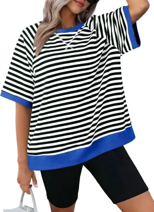 Dokotoo Oversized T Shirts for Women Striped Color Block Crewneck Short Sleeve Casual Summer Tops Lightweight Loose Blouses