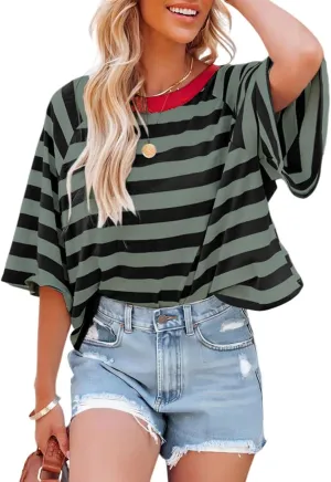 Dokotoo Tops for Women Striped 2025 Fashion T Shirts for Women Color Block Crewneck Design Loose Basic Tee