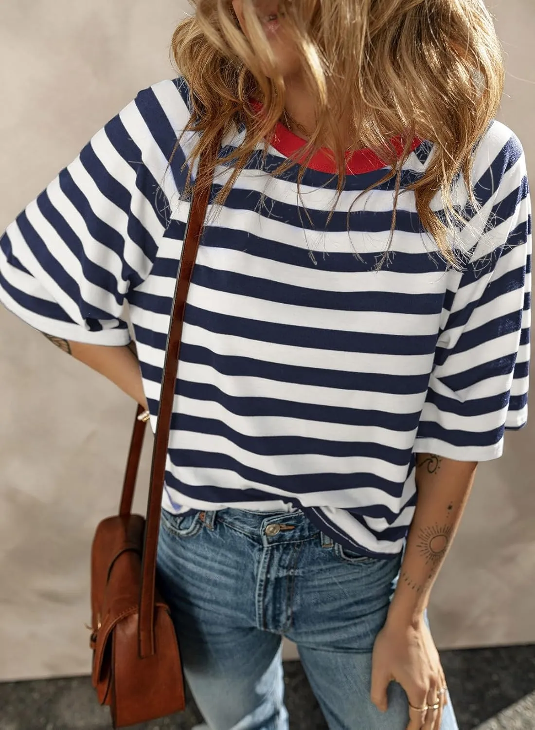 Dokotoo Tops for Women Striped 2025 Fashion T Shirts for Women Color Block Crewneck Design Loose Basic Tee