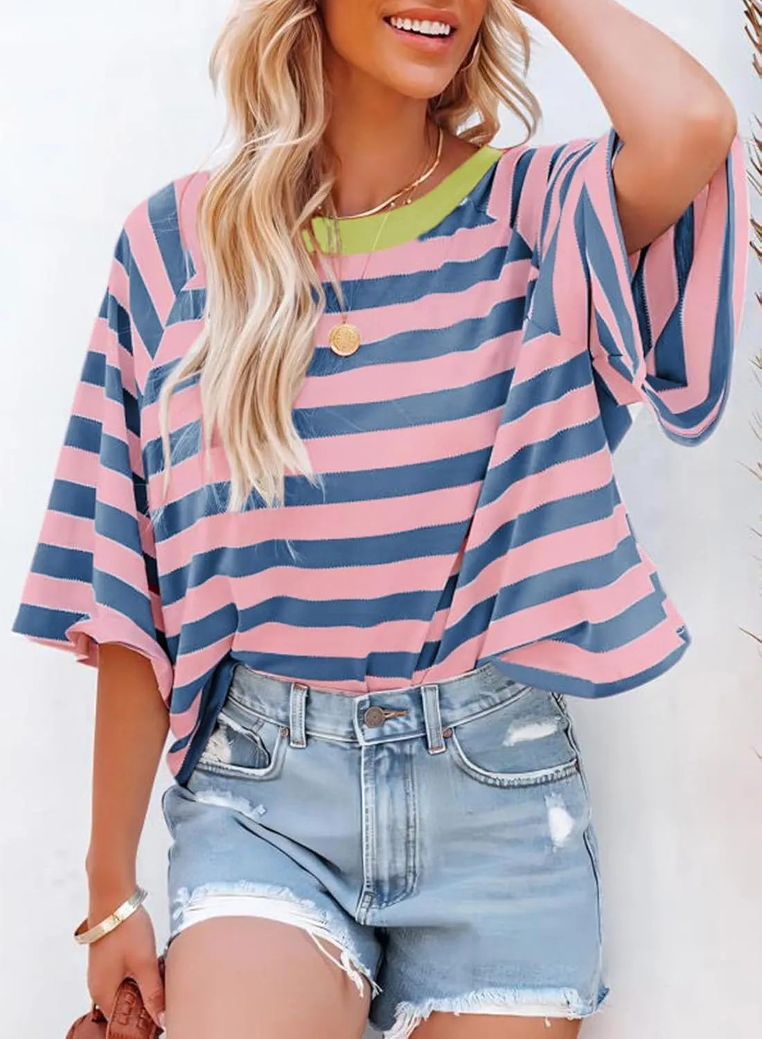 Dokotoo Tops for Women Striped 2025 Fashion T Shirts for Women Color Block Crewneck Design Loose Basic Tee