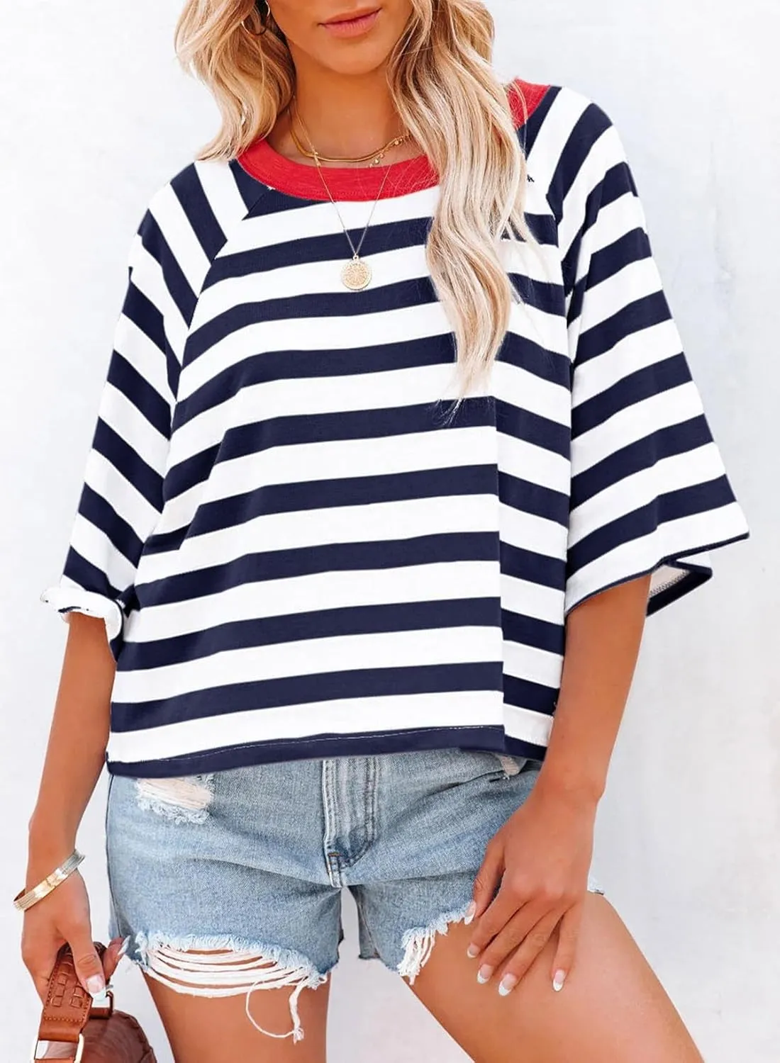 Dokotoo Tops for Women Striped 2025 Fashion T Shirts for Women Color Block Crewneck Design Loose Basic Tee