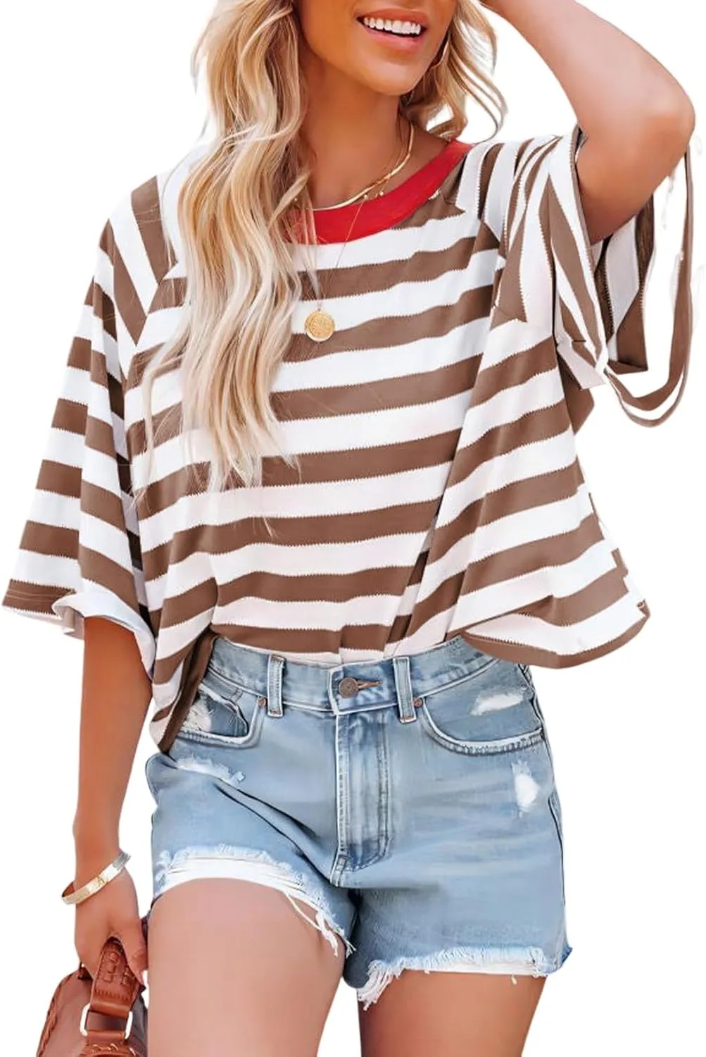 Dokotoo Tops for Women Striped 2025 Fashion T Shirts for Women Color Block Crewneck Design Loose Basic Tee