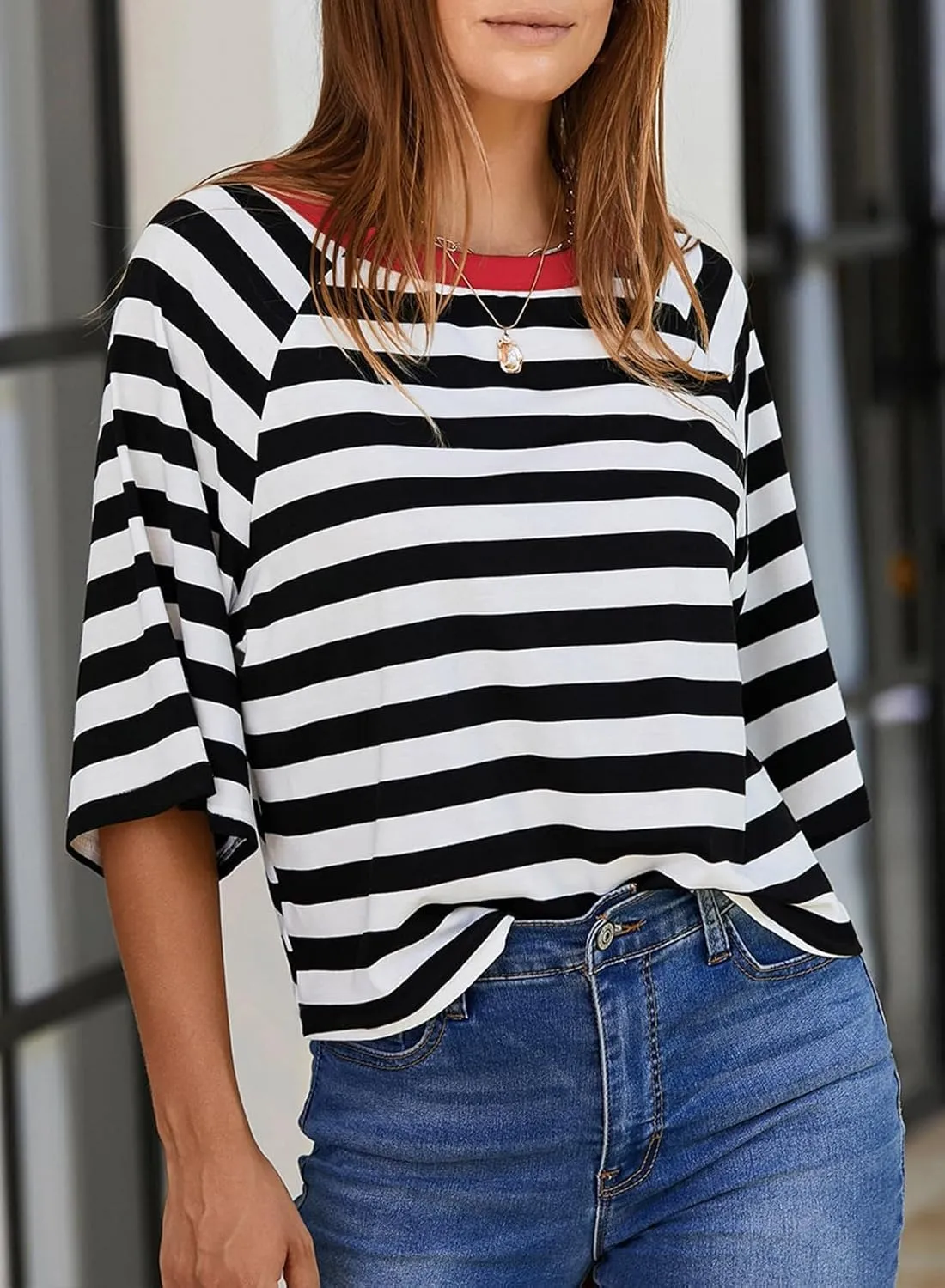 Dokotoo Tops for Women Striped 2025 Fashion T Shirts for Women Color Block Crewneck Design Loose Basic Tee