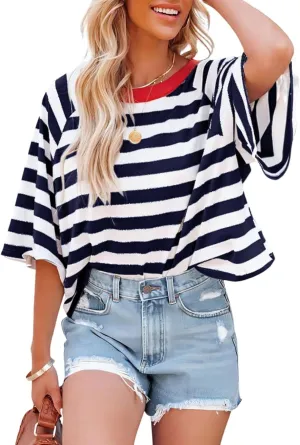 Dokotoo Tops for Women Striped 2025 Fashion T Shirts for Women Color Block Crewneck Design Loose Basic Tee