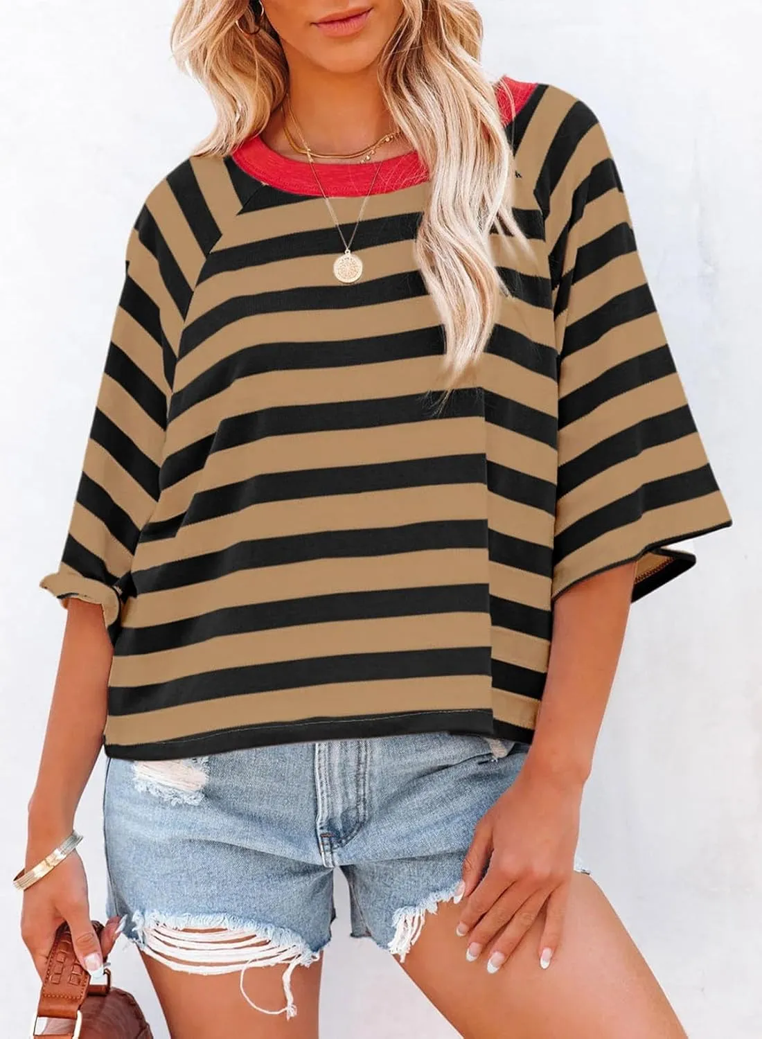 Dokotoo Tops for Women Striped 2025 Fashion T Shirts for Women Color Block Crewneck Design Loose Basic Tee