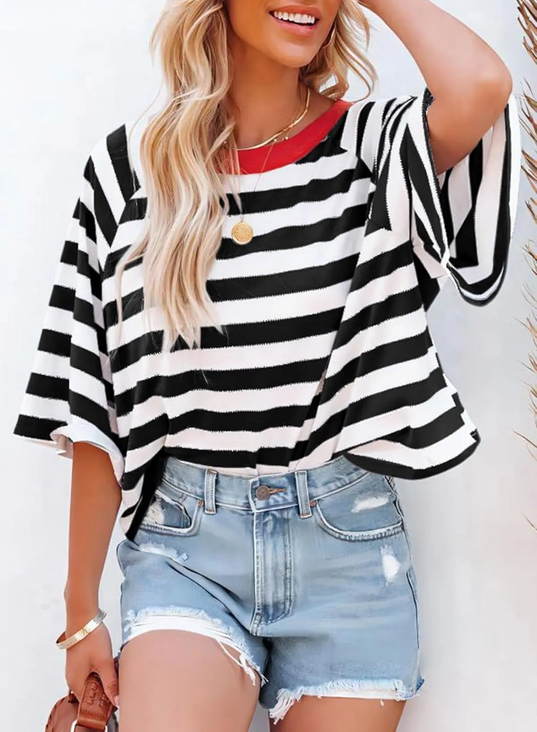 Dokotoo Tops for Women Striped 2025 Fashion T Shirts for Women Color Block Crewneck Design Loose Basic Tee