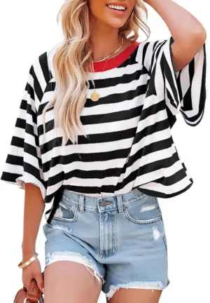 Dokotoo Tops for Women Striped 2025 Fashion T Shirts for Women Color Block Crewneck Design Loose Basic Tee