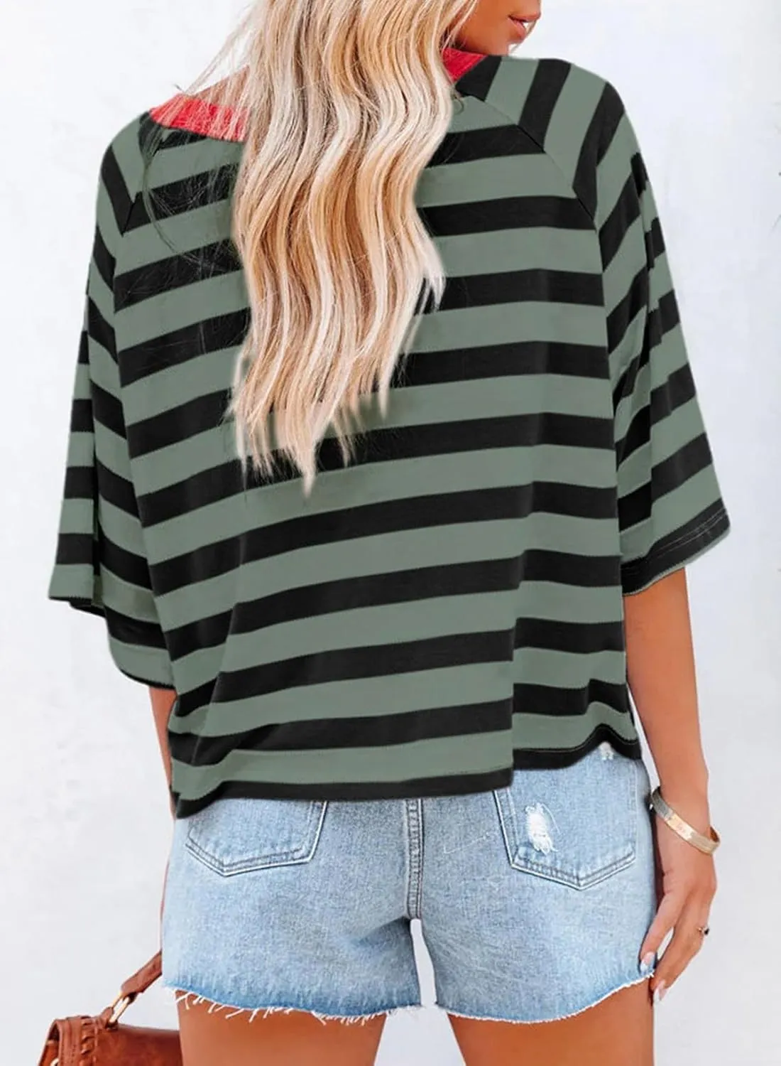 Dokotoo Tops for Women Striped 2025 Fashion T Shirts for Women Color Block Crewneck Design Loose Basic Tee