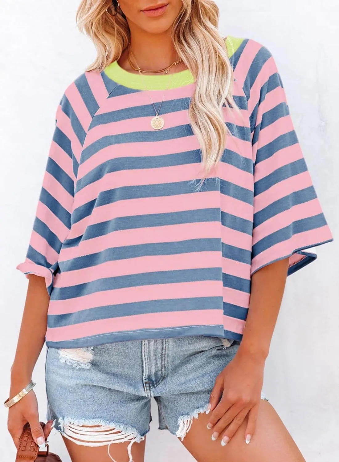Dokotoo Tops for Women Striped 2025 Fashion T Shirts for Women Color Block Crewneck Design Loose Basic Tee